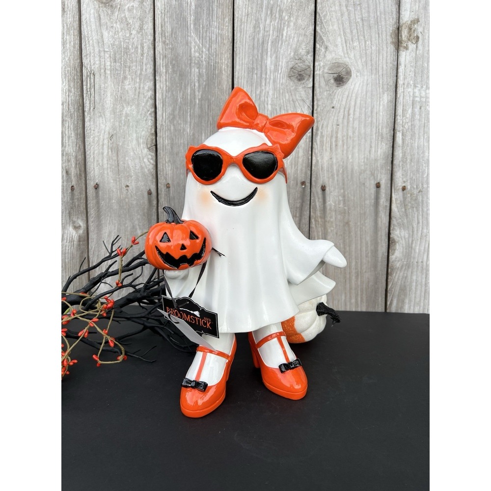 Halloween Ghost Girl Figurine Resin Statue with Orange Bow Glasses 10"